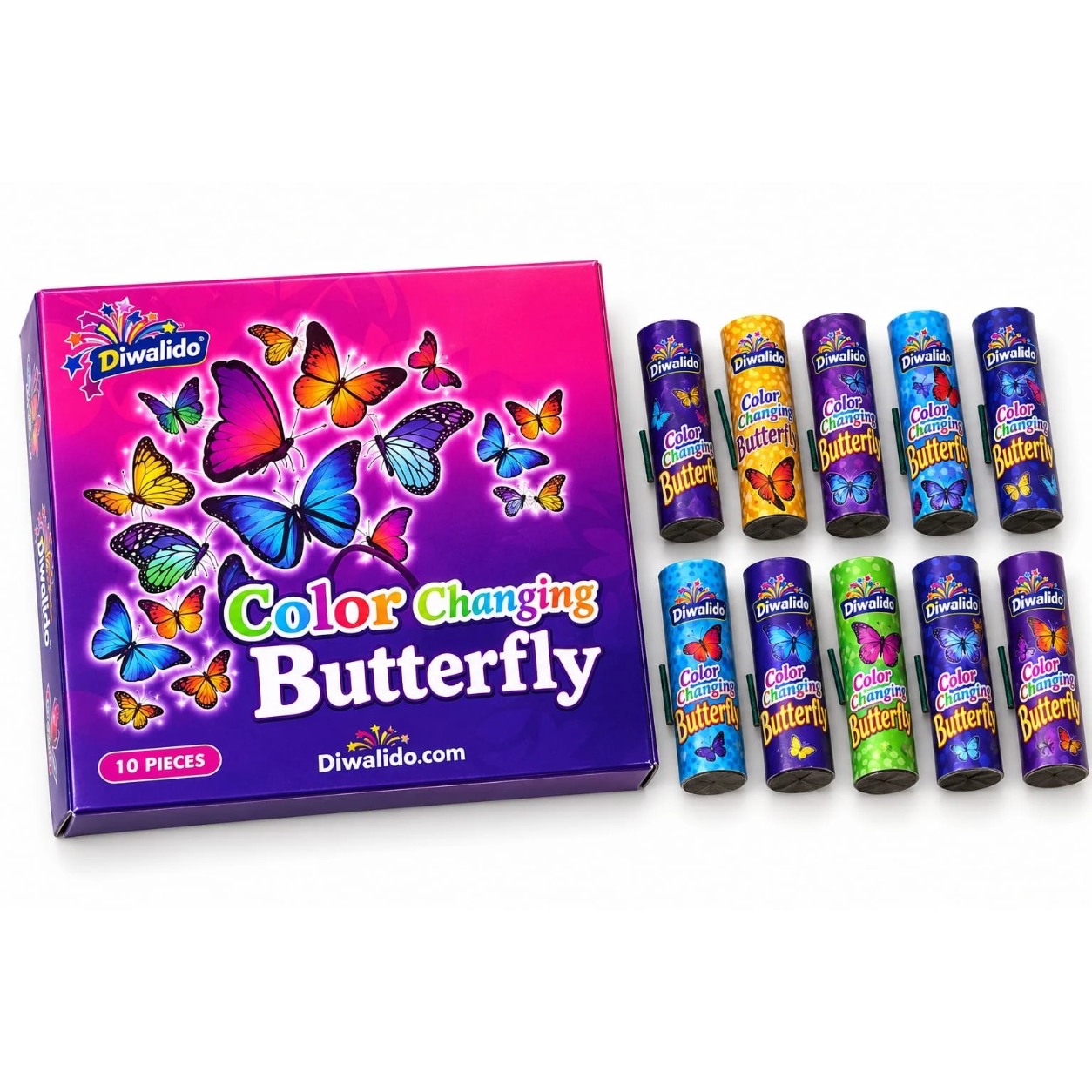 Diwalido Color Changing Butterfly - Colourful Firework Tubes, Pack of 10