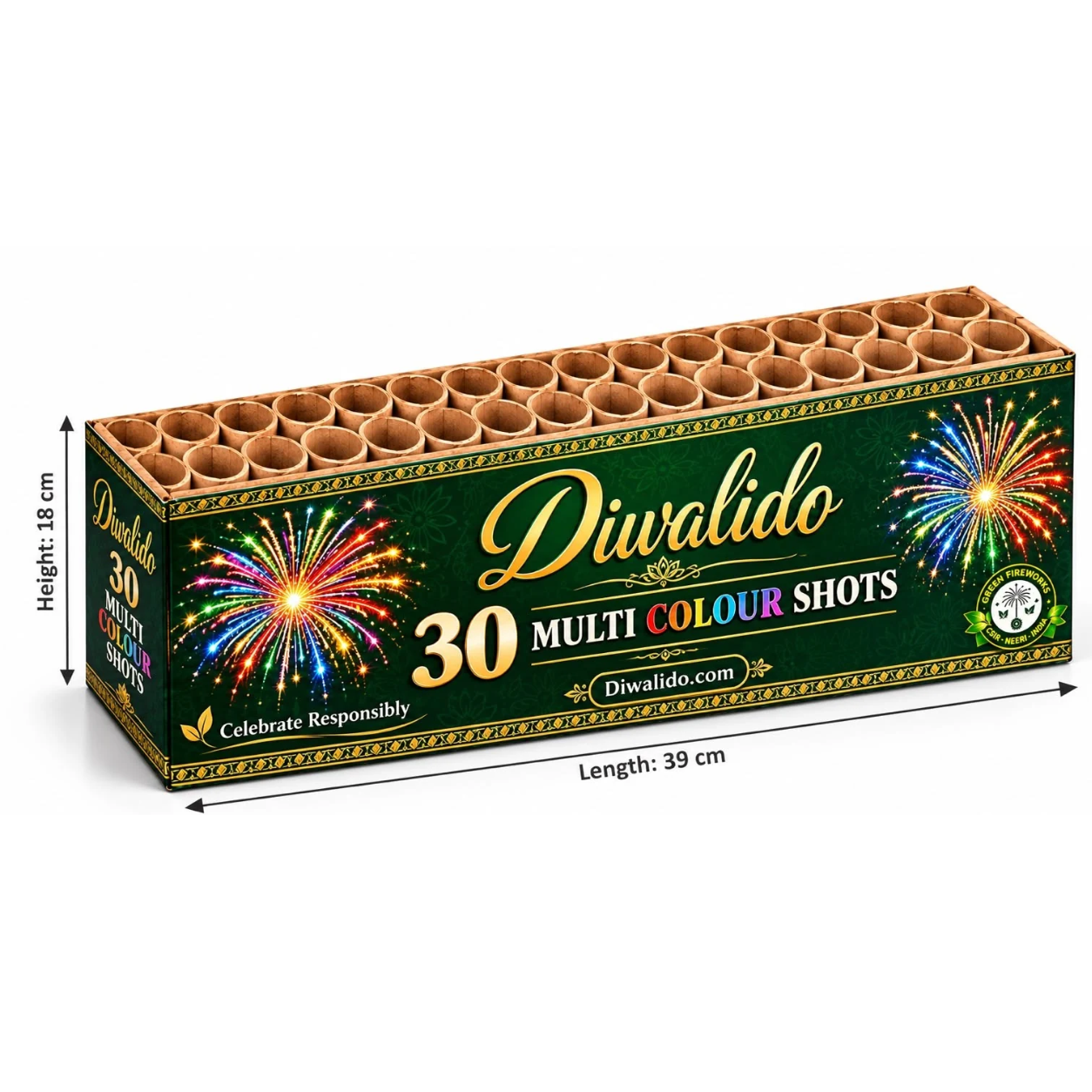Diwalido 30 Multi Colour Shots - Green Firework Multi-Shot Cake, 1 Piece