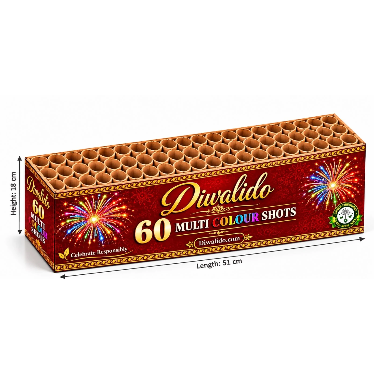 Diwalido 60 Multi Colour Shots - Green Firework Multi-Shot Cake, 1 Piece